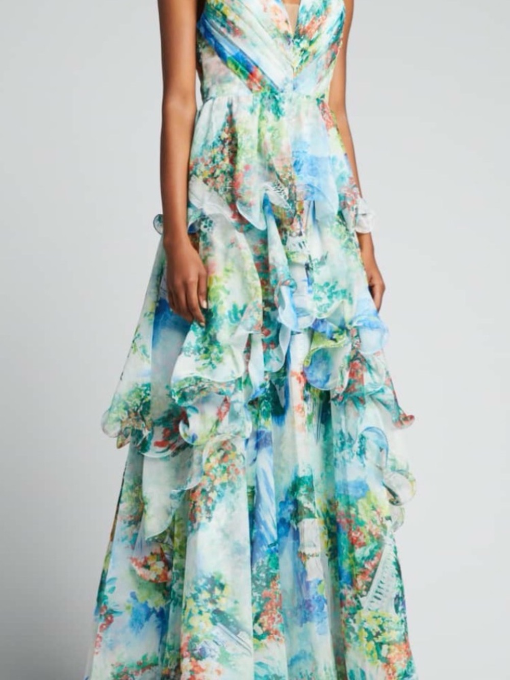 Marchesa Floral Pleated Chiffon Dress - Aqua Green Blue